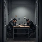 Klickunterstützung - Zwei übermüdete Praktikanten sitzen in einem kleinen, tristen Großraumbüro an alten Laptops. AI Bild