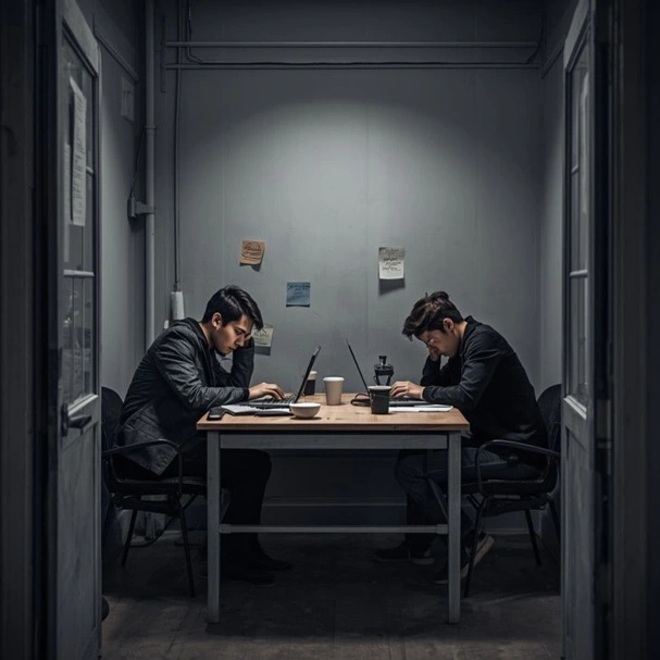 Klickunterstützung - Zwei übermüdete Praktikanten sitzen in einem kleinen, tristen Großraumbüro an alten Laptops. AI Bild