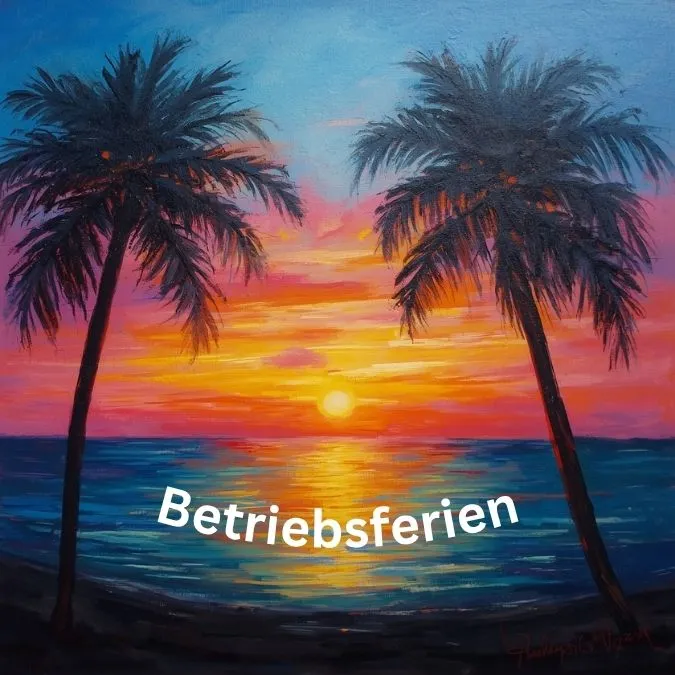 Betriebsferien Sonnenuntergang mit Palmen